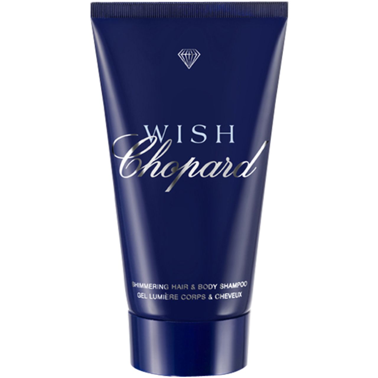 Tube bleu foncé avec inscription argentée "WISH Chopard". Symbole diamant. "SHIMMERING HAIR & BODY SHAMPOO" en dessous.