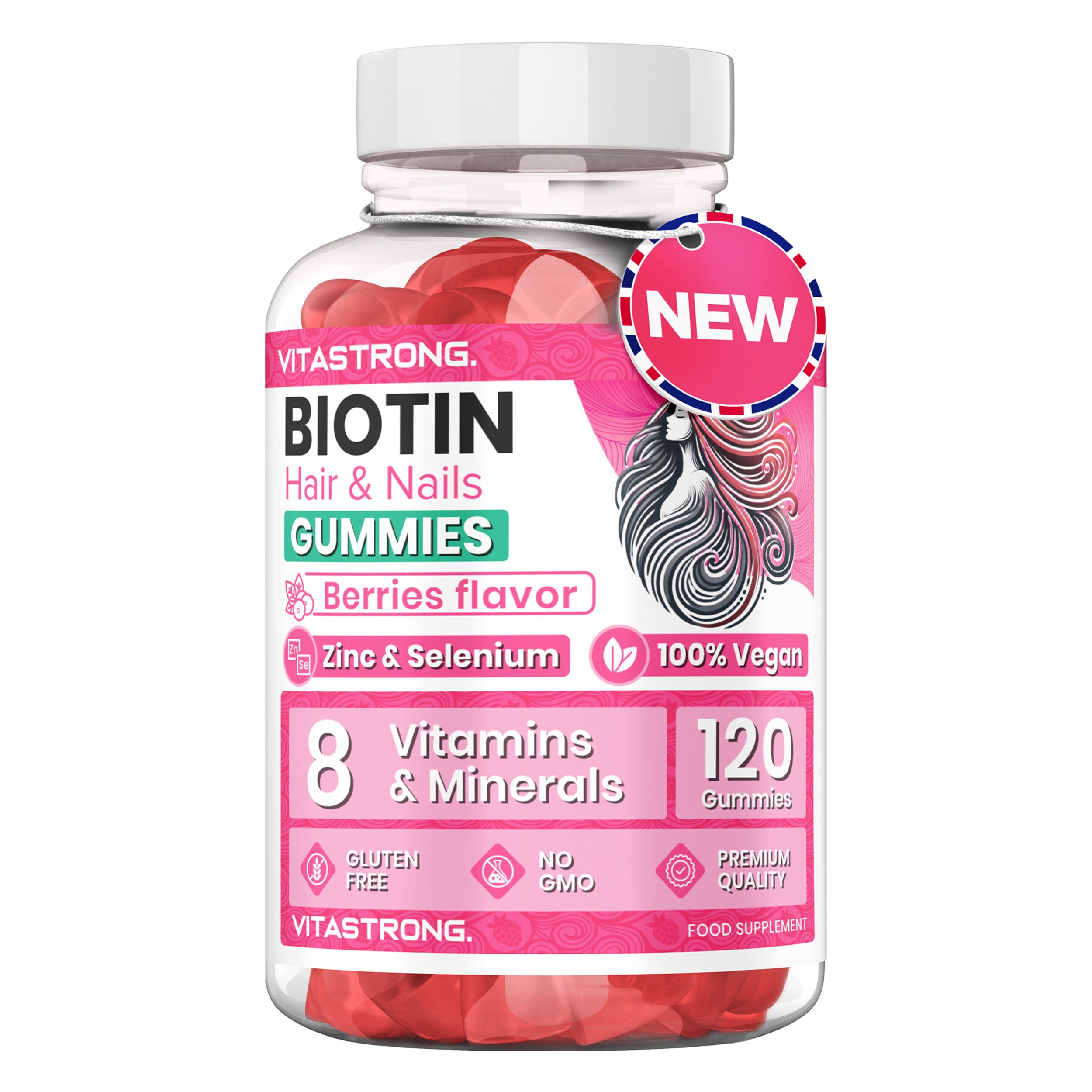Pot de gummies. Texte : Biotine Cheveux & Ongles Gummies, saveur baies, 120 gummies, 8 vitamines et minéraux. 100% végétalien.