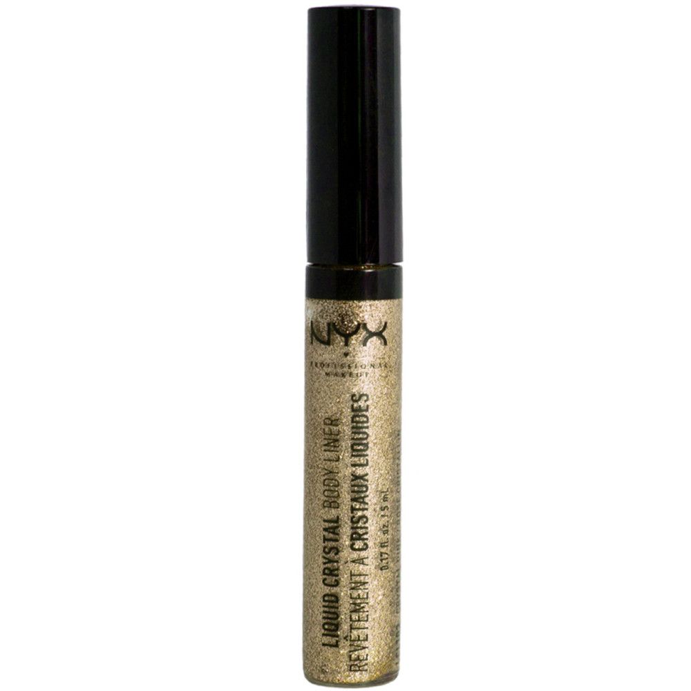 Liner corporel cristal liquide doré. Bouchon noir. Texte: Liquid Crystal Body Liner, Revêtement à Cristaux Liquides. Marque NYX.