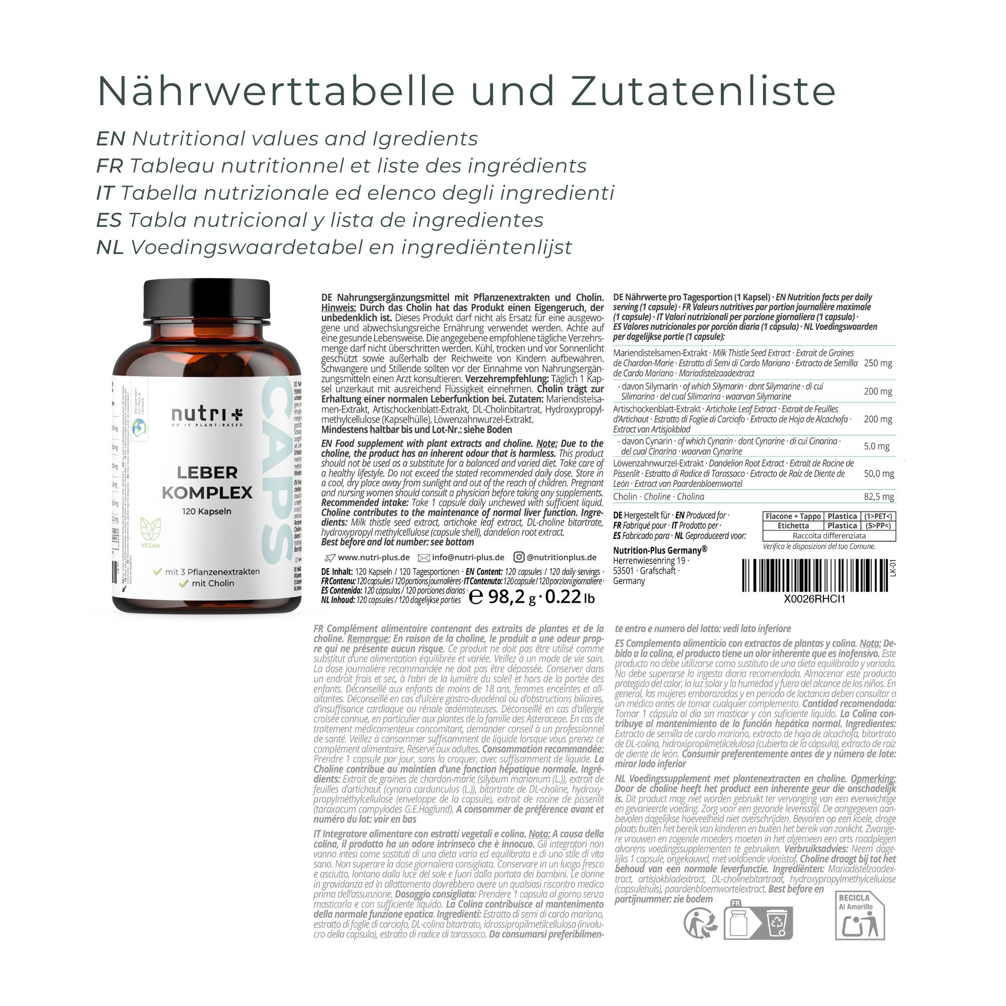 Voedingswaardetabel en ingrediëntenlijst. Fles met capsules en tekst in het Duits, Engels, Frans, Italiaans en Nederlands.