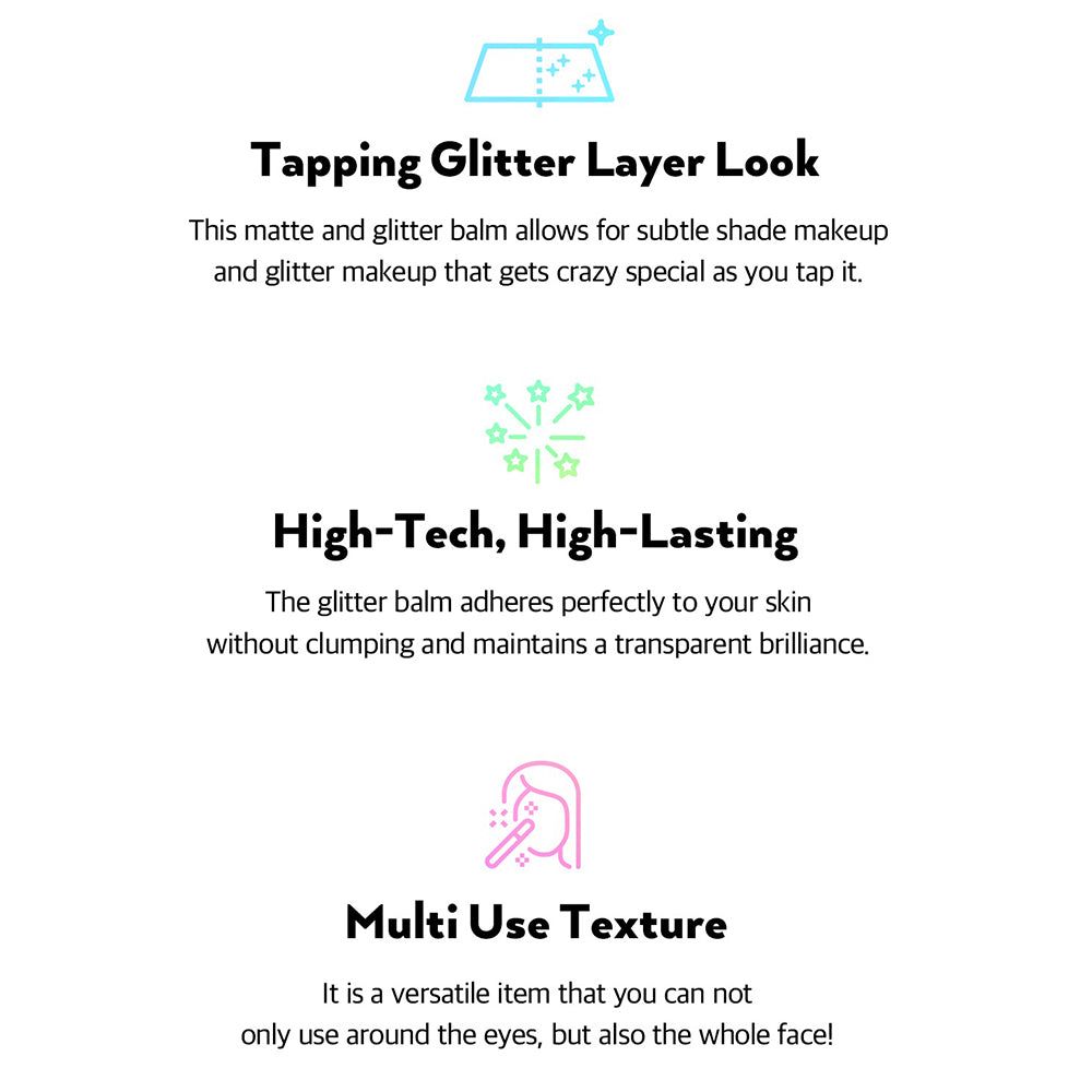 Tekst met titels: Tapping Glitter Layer Look, High-Tech, High-Lasting, Multi Use Texture. Beschrijvingen onder elke titel.