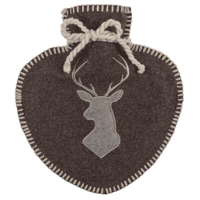 Bouillotte marron en forme de cœur avec motif de cerf. Point de couture blanc, nœud. En feutre.