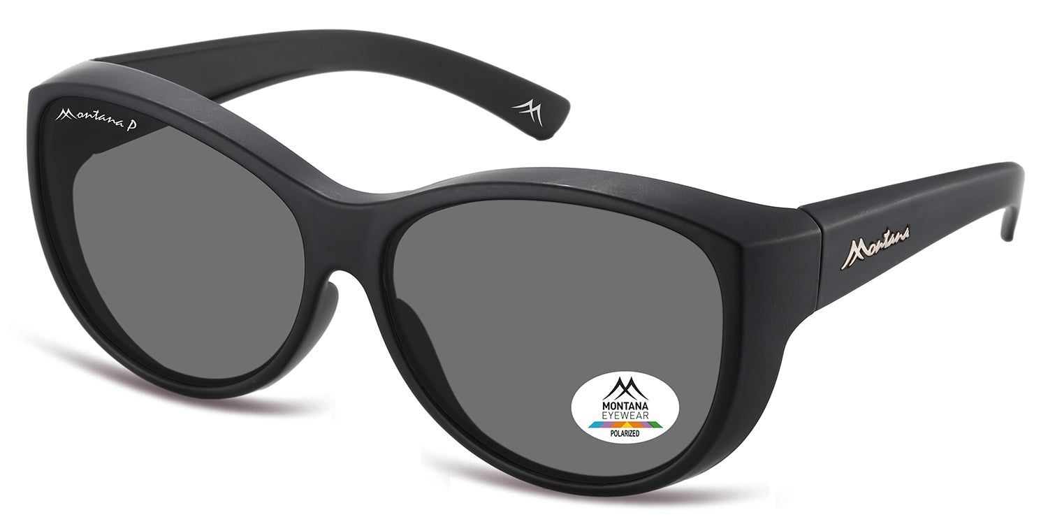 Lunettes de soleil noires avec verres gris. Logo Montana Eyewear sur la branche et le verre. Verres polarisés.