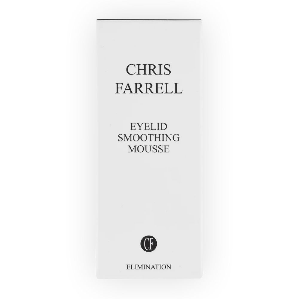 Witte verpakking met tekst: CHRIS FARRELL, EYELID SMOOTHING MOUSSE, CF-logo en ELIMINATION.