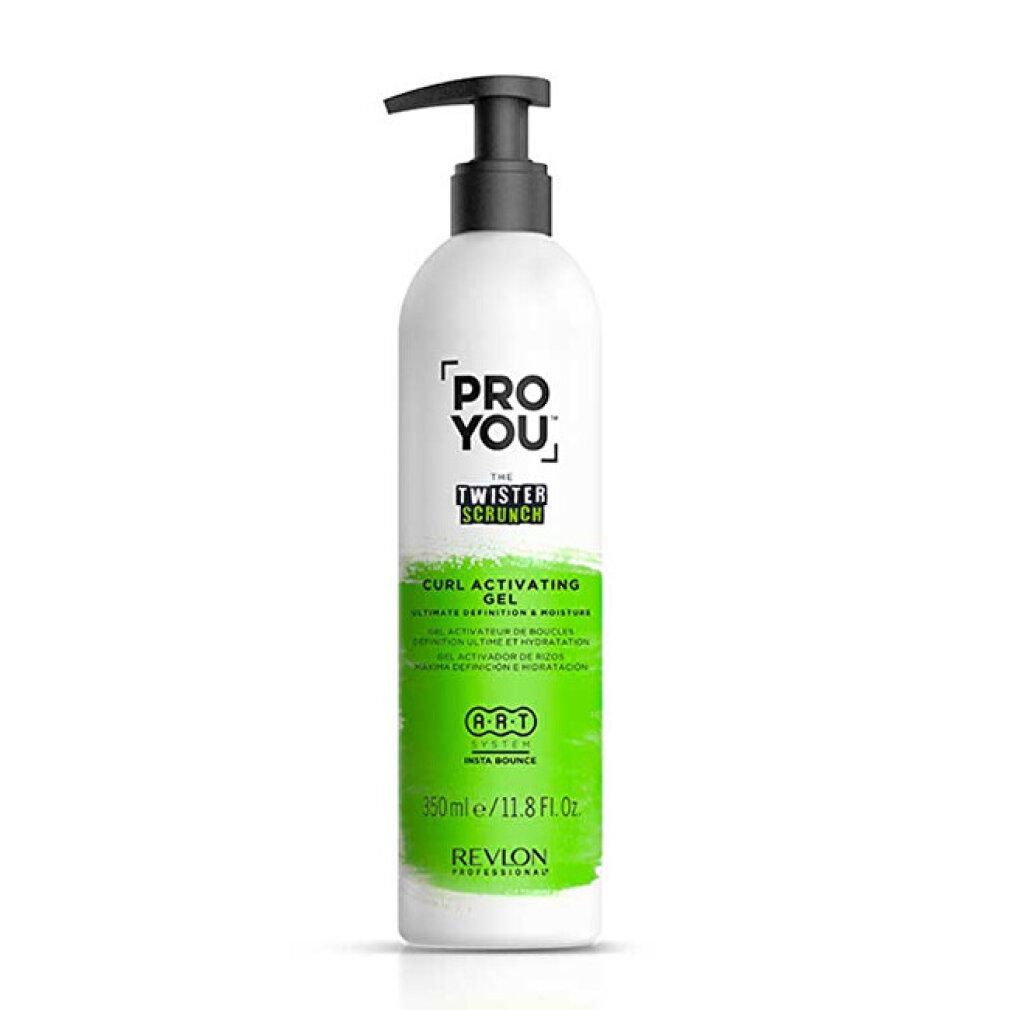 Flacon blanc avec pompe noire. Inscription: Pro You The Twister Scrunch Curl Activator Gel. Détails verts. 350ml.
