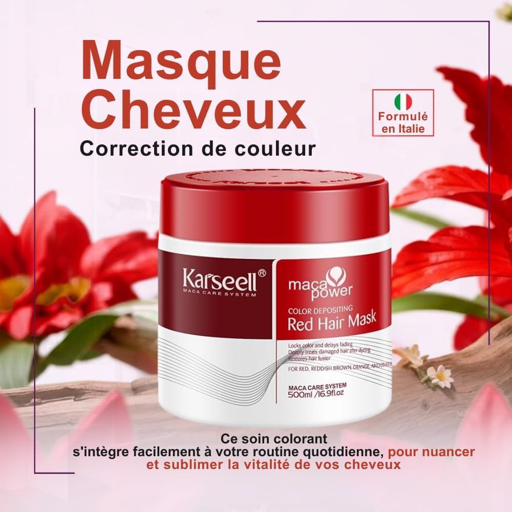 Masque capillaire rouge dans un pot blanc et rouge "Karseell Maca Power Color Depositing Red Hair Mask".