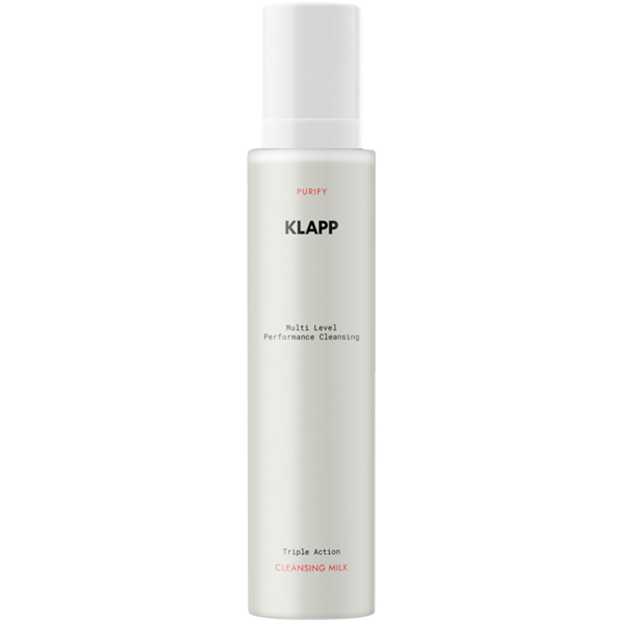 Klapp Multi Level Performance Cleansing Milk. Witte fles met witte dop. Bevat PURIFY, KLAPP, CLEANSING MILK.