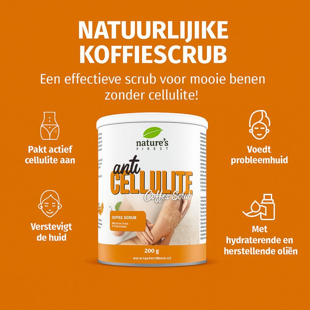 Benen met aangebrachte scrub. Pot 'Anti Cellulite Coffee Scrub' ernaast.