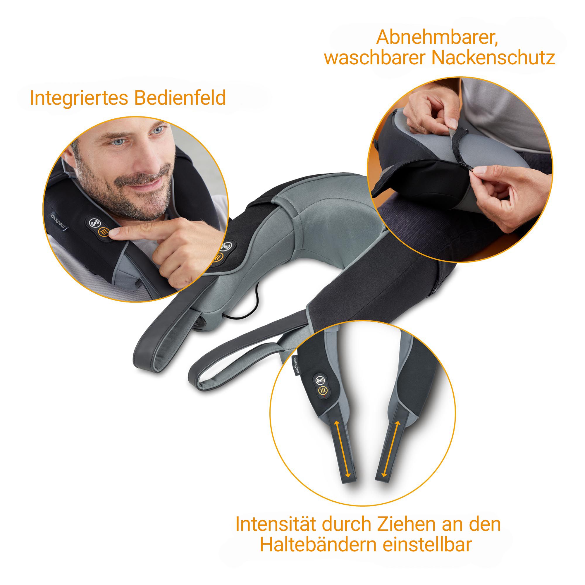 Gedetailleerde weergave van de nekmassager met bedieningselementen en notities.
