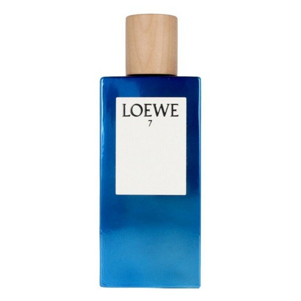Flacon de parfum bleu avec bouchon en bois. Inscription LOEWE 7.
