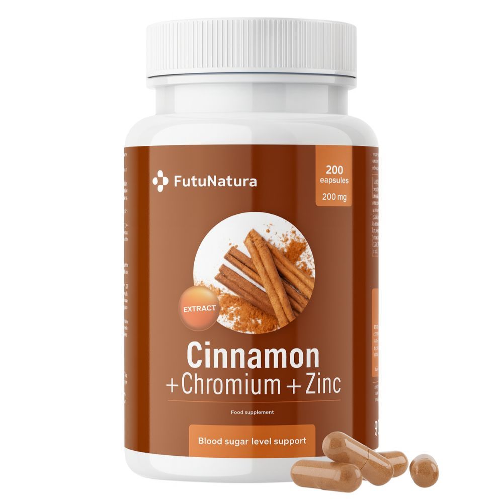 Witte fles met bruin etiket. Bruine capsules. Opschrift "Cinnamon + Chromium + Zinc".