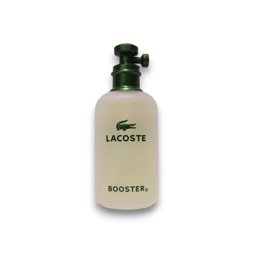 Fles van Lacoste Booster Eau de Toilette. Lichte fles met groene sproeikop en krokodil logo.