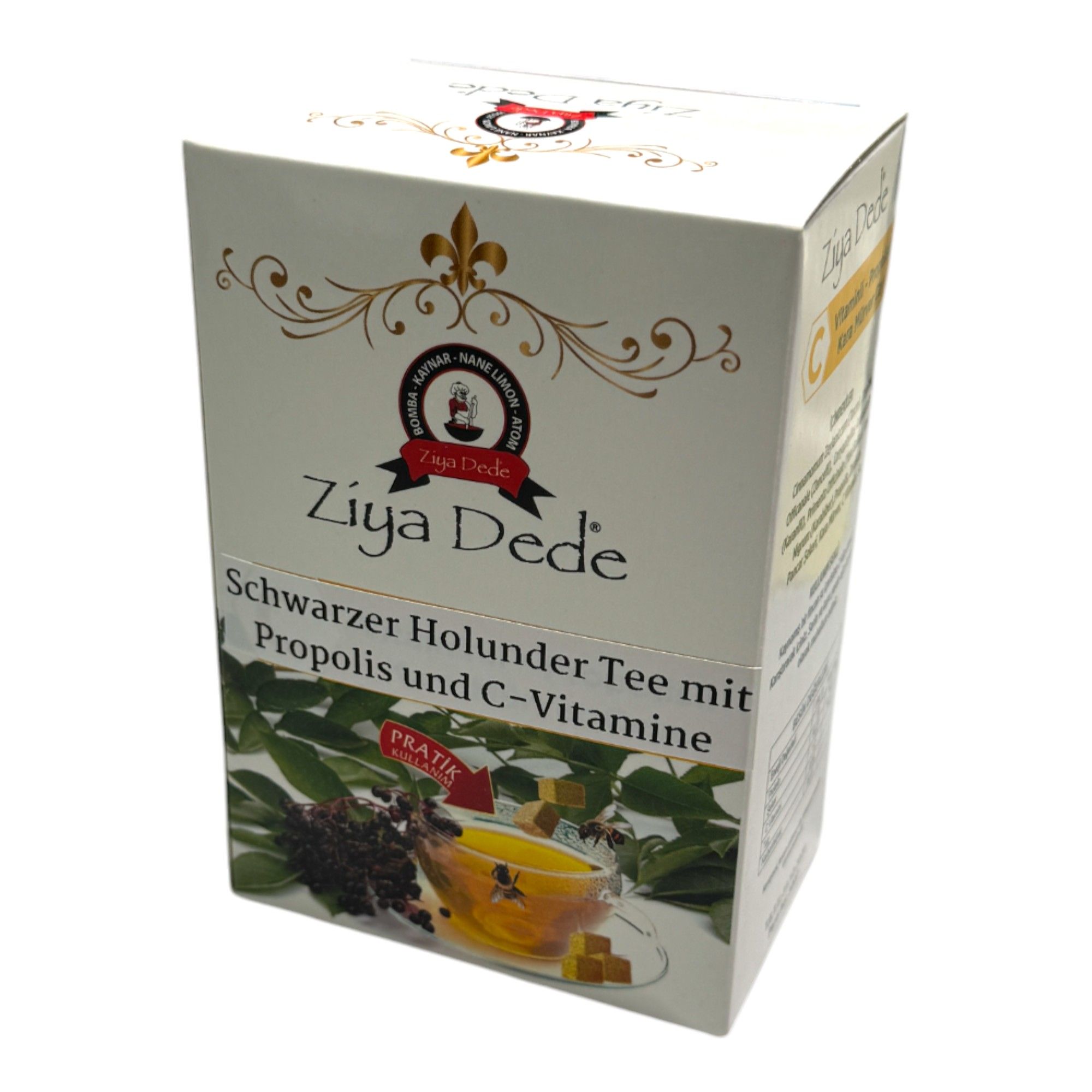 Boîte en carton imprimée. Texte: Schwarzer Holunder Tee mit Propolis und C-Vitamine. Logo: Ziya Dede. Illustration: thé avec des abeilles.