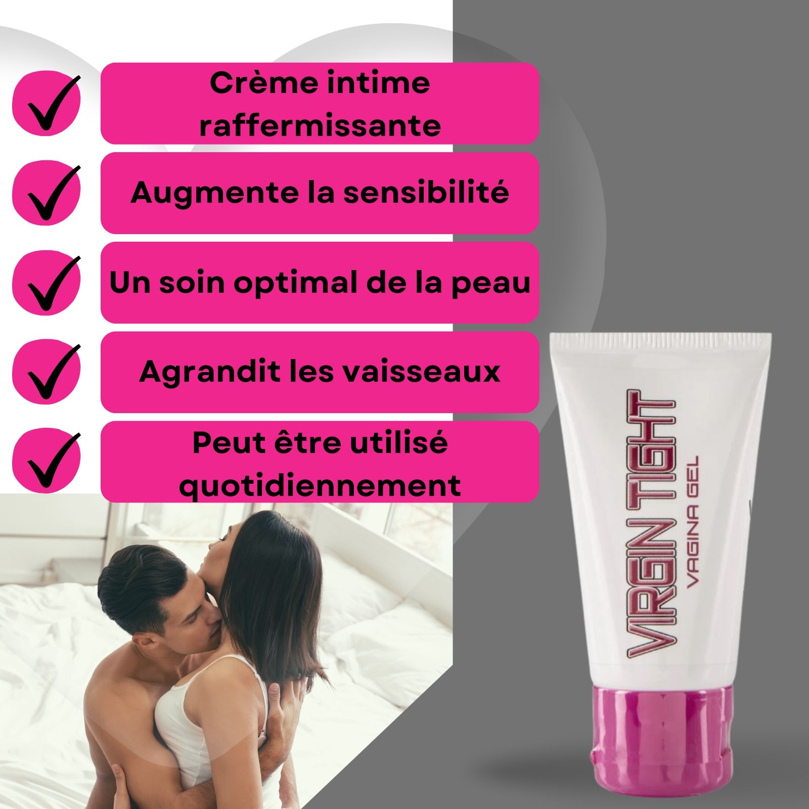 Tube blanc et rose VIRGIN TIGHT VAGINA GEL. Texte sur fond rose. Couple en arrière-plan.