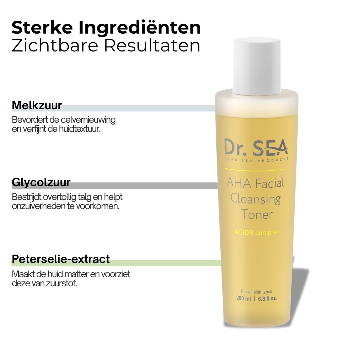Dr. SEA AHA Facial Cleansing Toner. Gele vloeistof in een fles met witte dop. Tekst: AHA Facial Cleansing Toner.