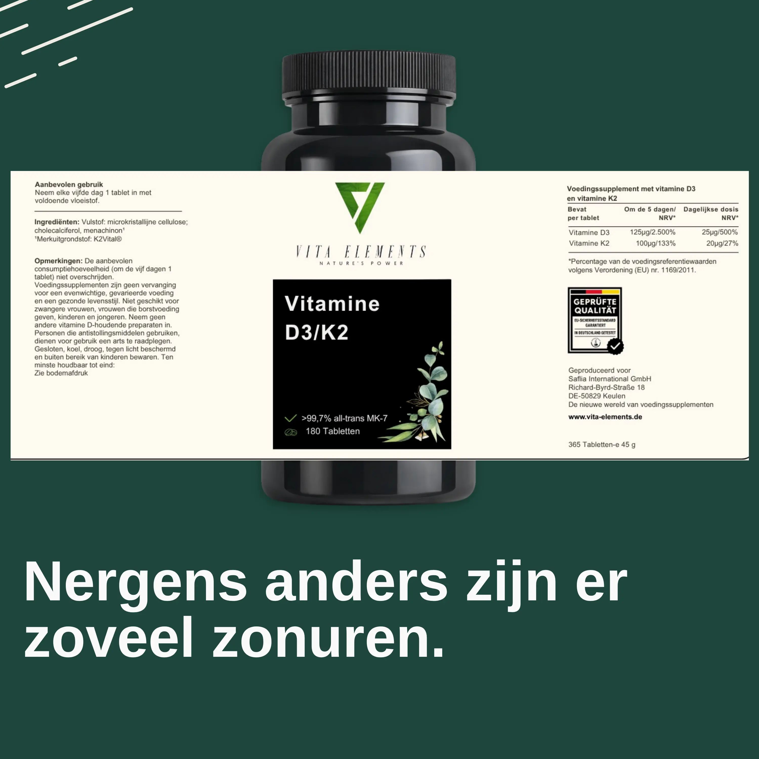 Vrouw houdt tablet vast. Ballonnen: Depot effect 125µg D3/100µg K2, Elke 5e dag 1 tablet, Voorraad voor lange termijn.