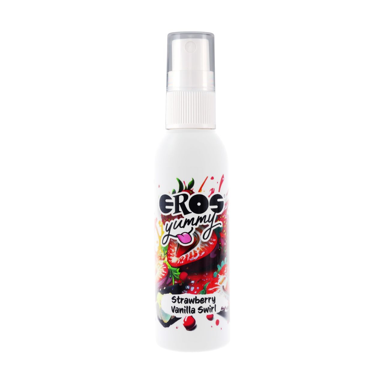 Witte fles met verstuiver. Opschrift: EROS Yummy, Strawberry Vanilla Swirl. Fruit illustraties.