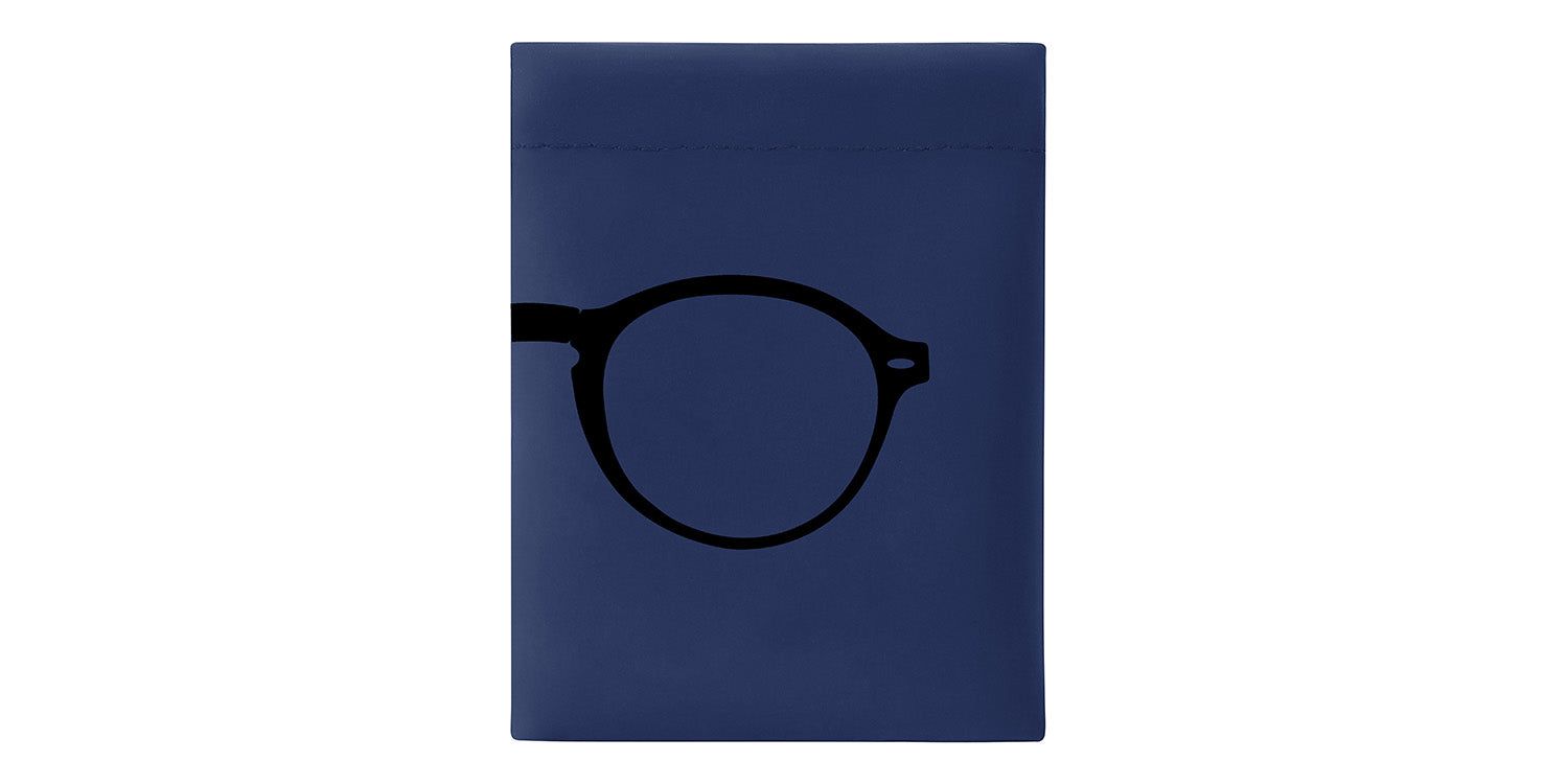 Blauwe etui met bril-silhouet. Montana Eyewear. Rechthoekige vorm. Zwarte brilcontour.
