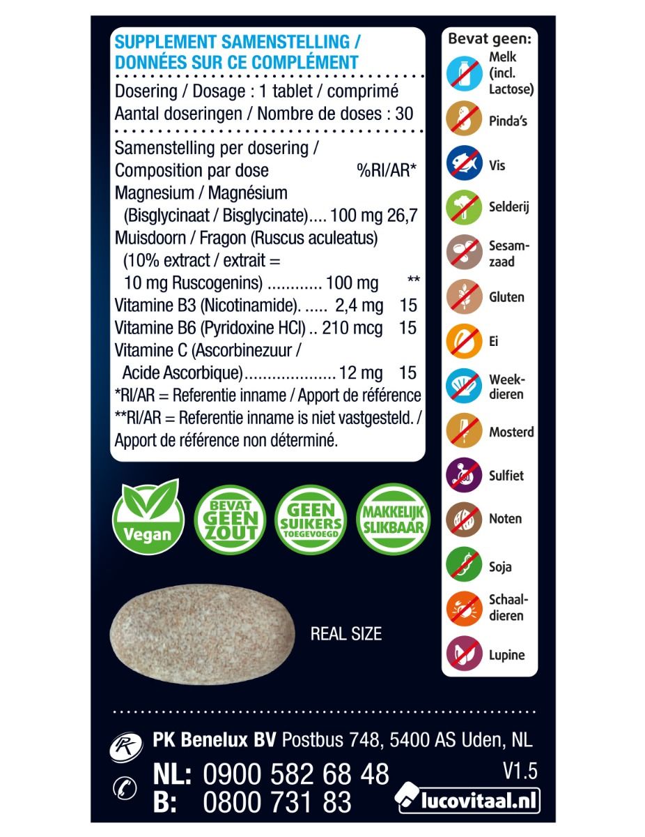 Achterkant van de verpakking van Lucovitaal Magnesium. Bevat informatie over samenstelling, dosering en ingrediënten. Vegan keurmerk.