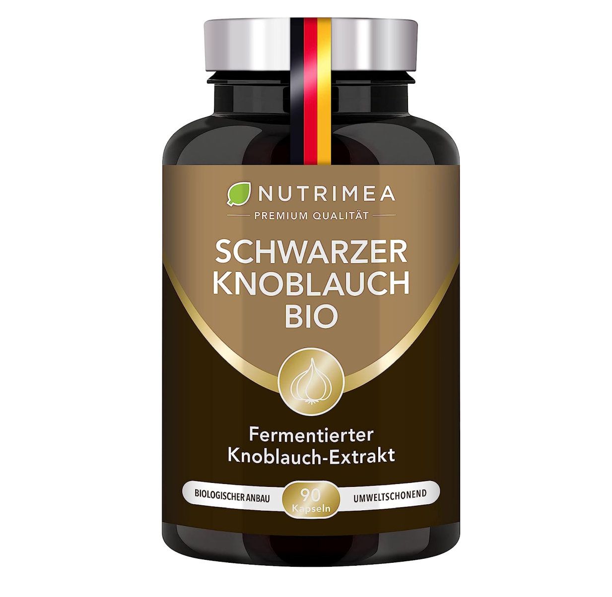 Bruine fles met Zwarte Knoflook BIO capsules. Opschrift: Zwarte Knoflook BIO, 90 capsules.
