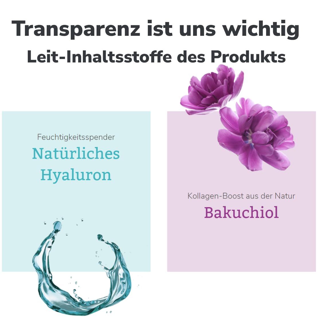 Grafiek met tekst en illustraties. Tekst: Natürliches Hyaluron, Bakuchiol. Illustratie: waterdruppel, paarse bloemen.