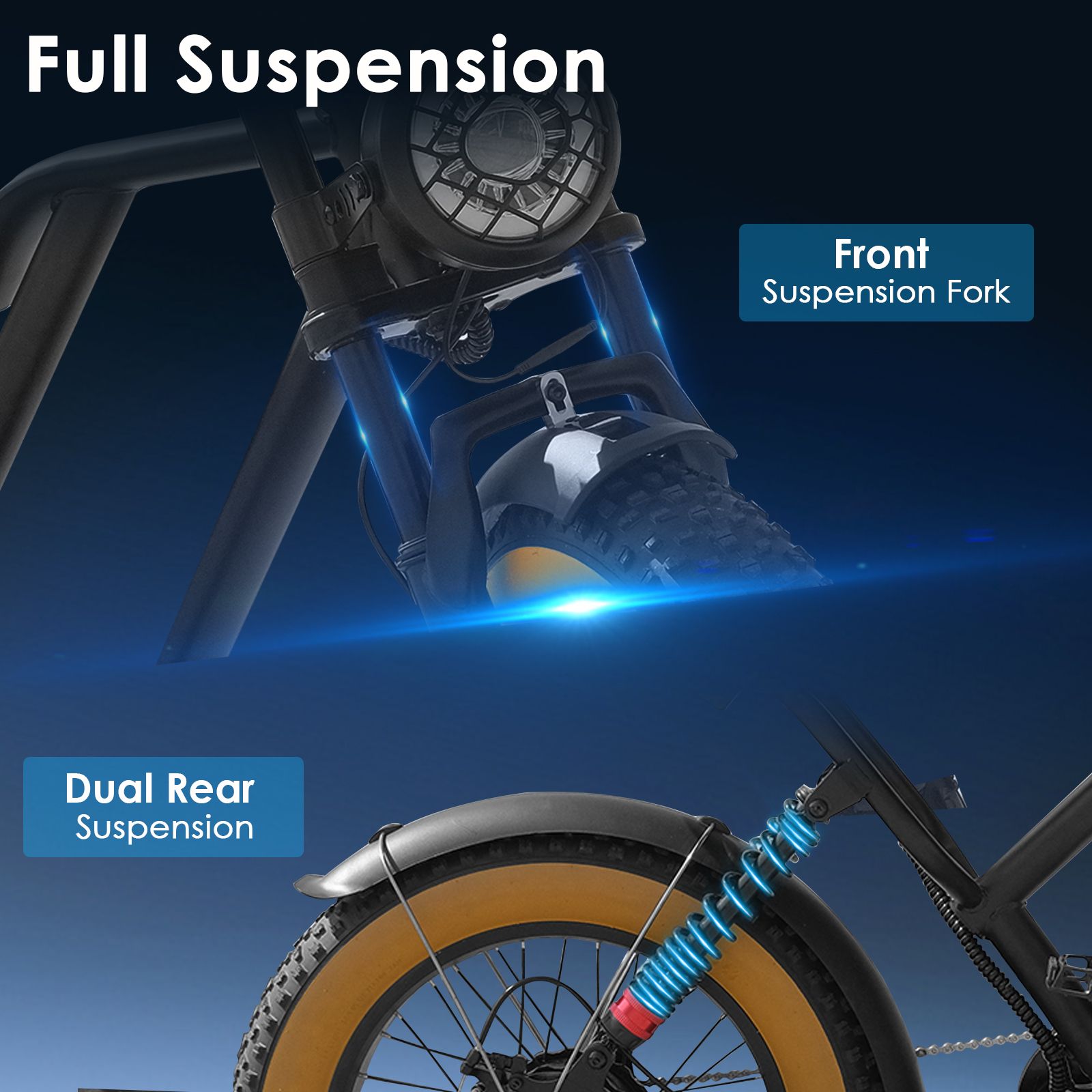 Close-up van de vering van de e-bike. Opschriften: Full Suspension, Front Suspension Fork, Dual Rear Suspension.