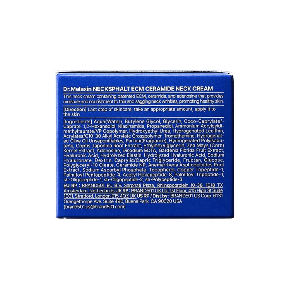 Achterkant van de Dr. Melaxin Necksphalt ECM Ceramide Neck Cream doos met instructies en ingrediënten.