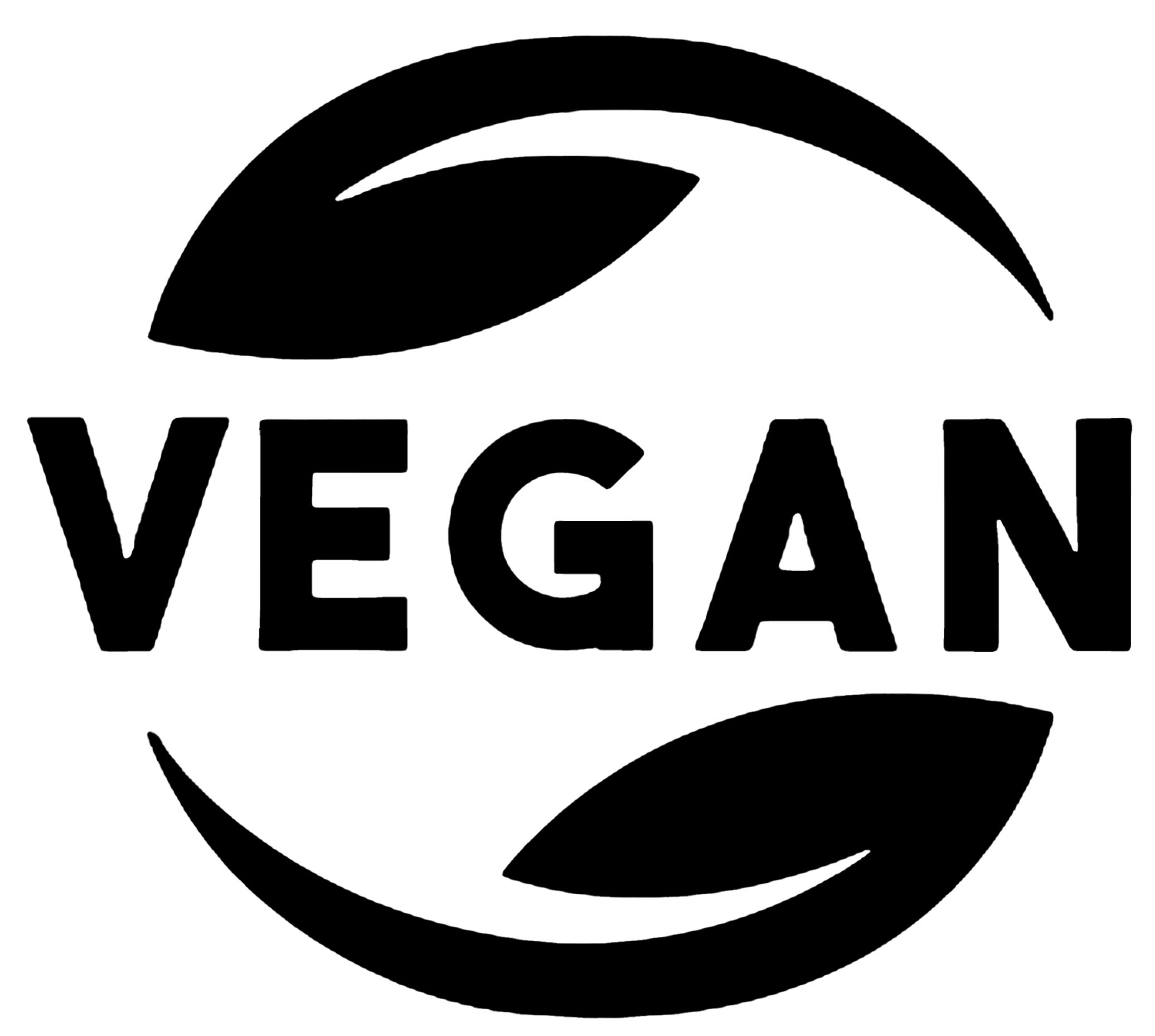 Rond logo met de tekst VEGAN, in zwarte letters op een witte achtergrond, met twee bladeren.