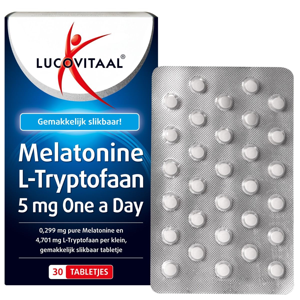 Lucovitaal Melatonine L-Tryptofaan verpakking en blister. Blauwe doos met blisterverpakking ernaast.