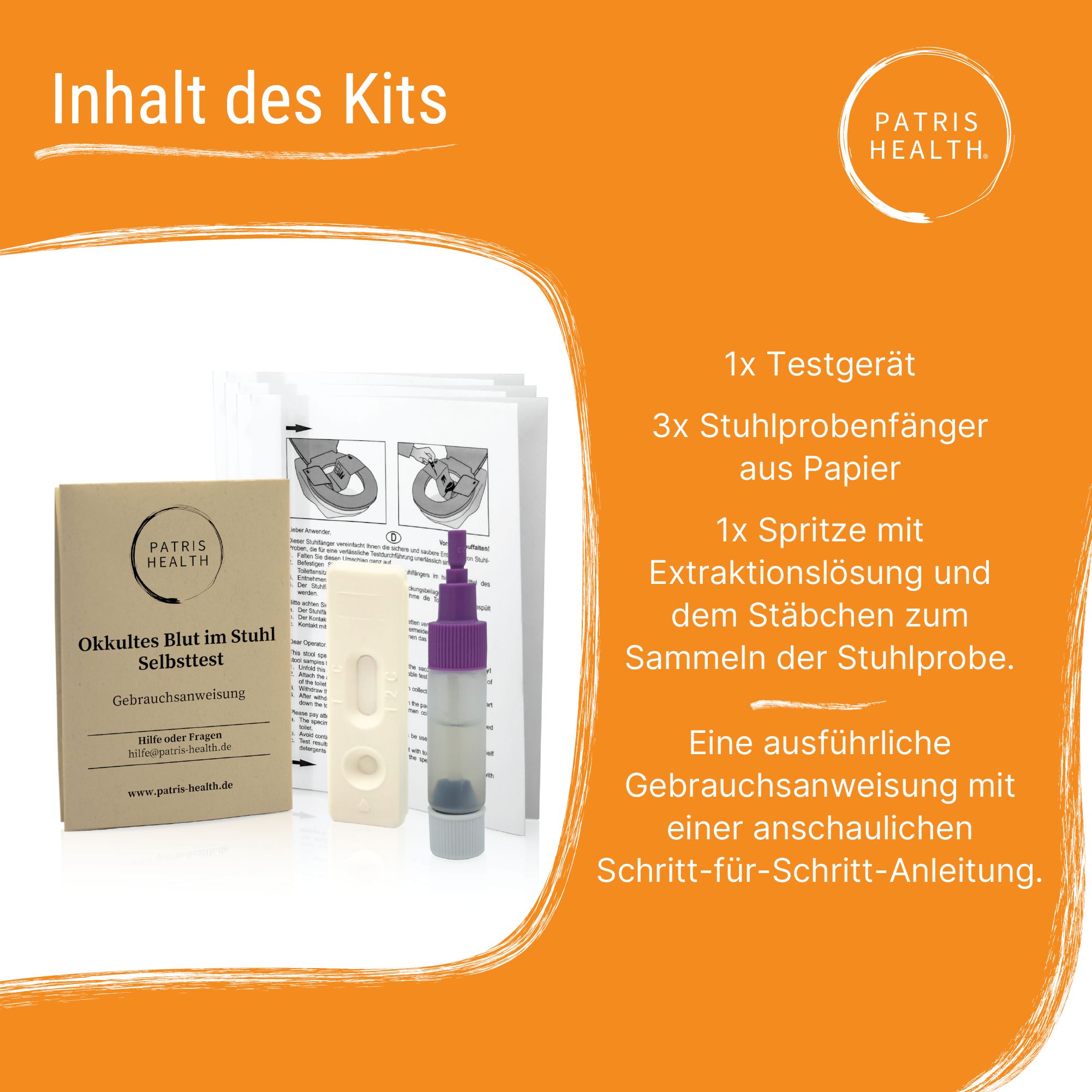 Inhoud van de kit: testapparaat, papieren stoelgangmonstervangers, spuit met extractieoplossing, gebruiksaanwijzing. Patris Health® logo.