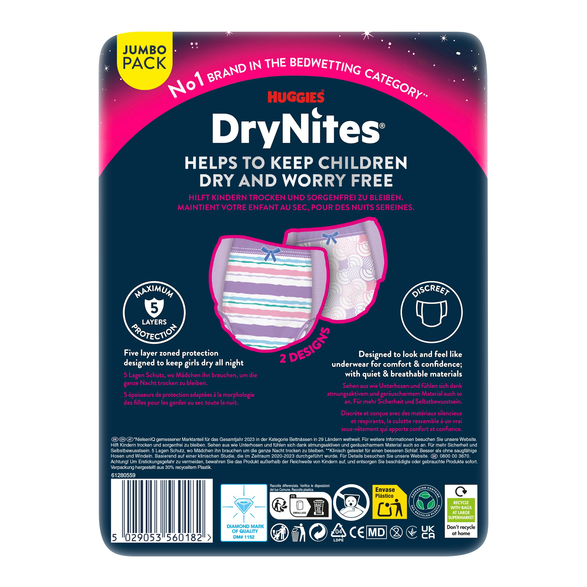 Achterkant van de Huggies DryNites Pyjama Pants verpakking. Twee designs, 5-voudige bescherming, discreet. Informatie over de luiers.