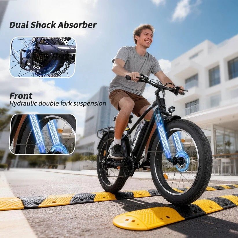Persoon fietst op e-bike. Dubbele schokdemper, hydraulische vering. Scènes: weg, verkeersdrempels. Blauwe accentverlichting.