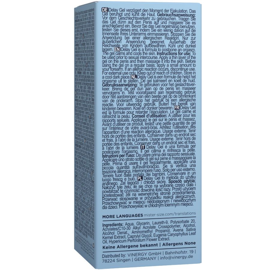 Emballage de Mister Size Delay Gel. Inscription : Gel retardant, retarde l'orgasme. 50 ml.