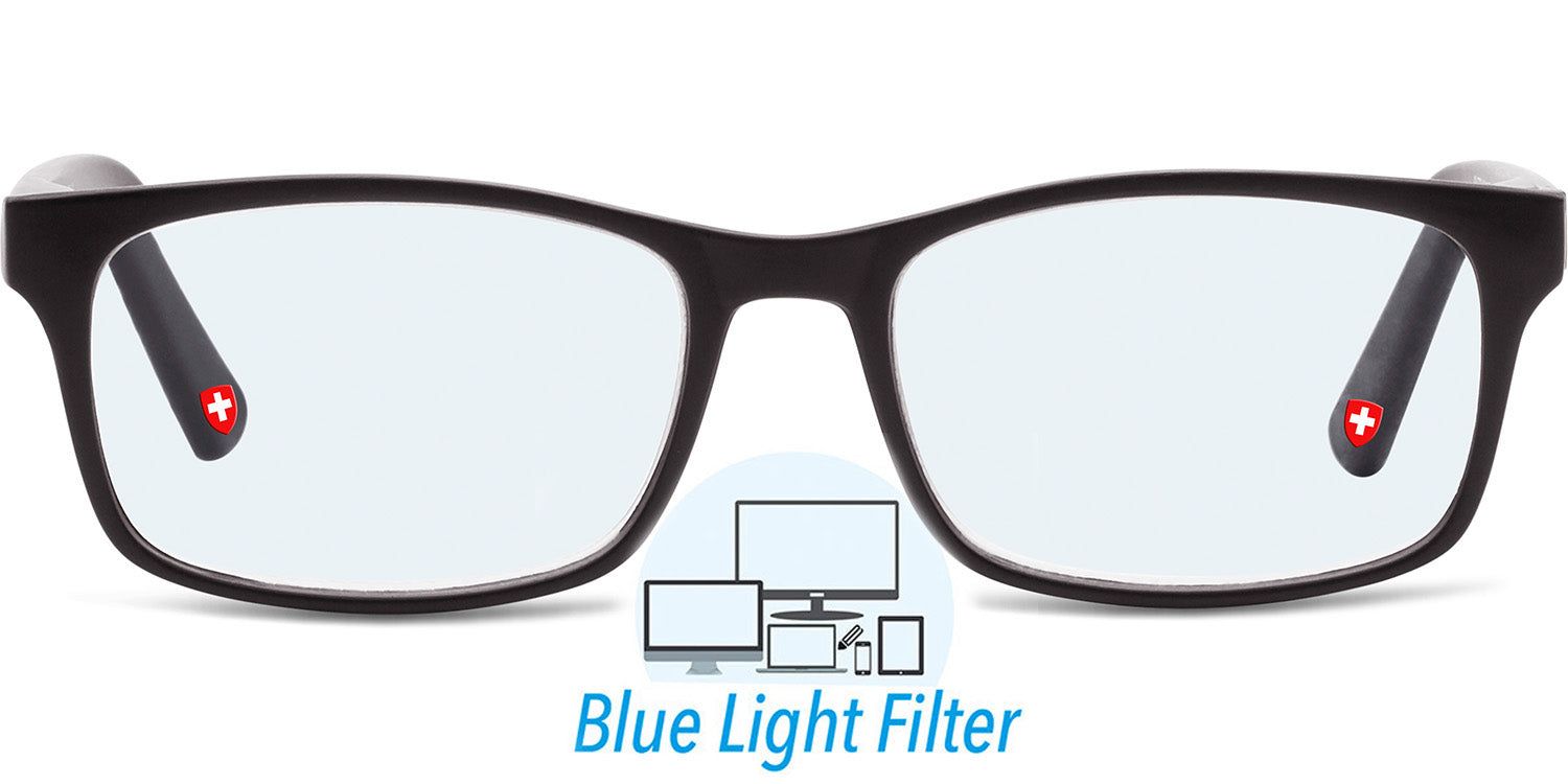 Lunettes noires à verres rectangulaires. Croix suisse sur les branches. Texte: Blue Light Filter. Graphique: écrans.