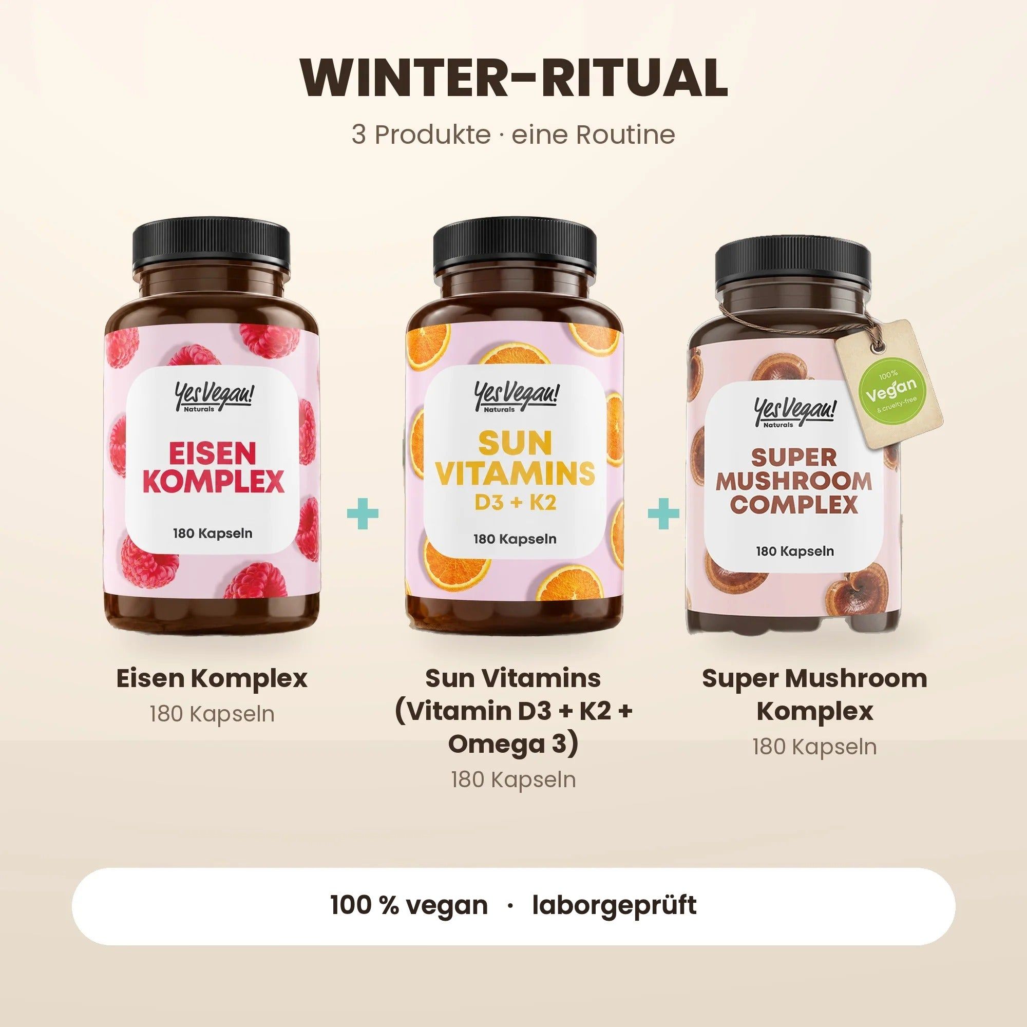 Trois bouteilles de compléments alimentaires : Complexe de fer, Vitamines solaires et Complexe de super champignons.