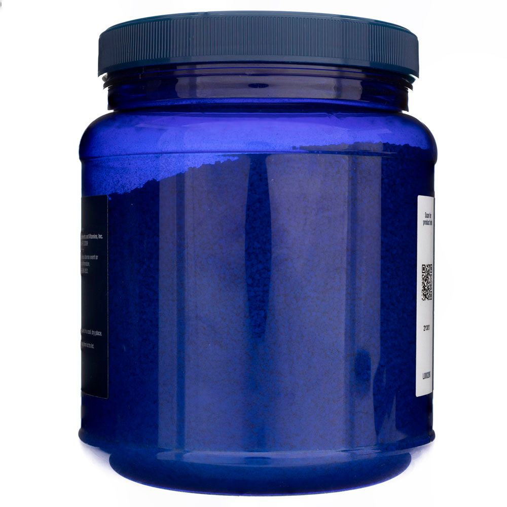 Vue latérale du récipient bleu de poudre de lécithine Life Extension. Le contenu est visible comme une poudre bleue fine.