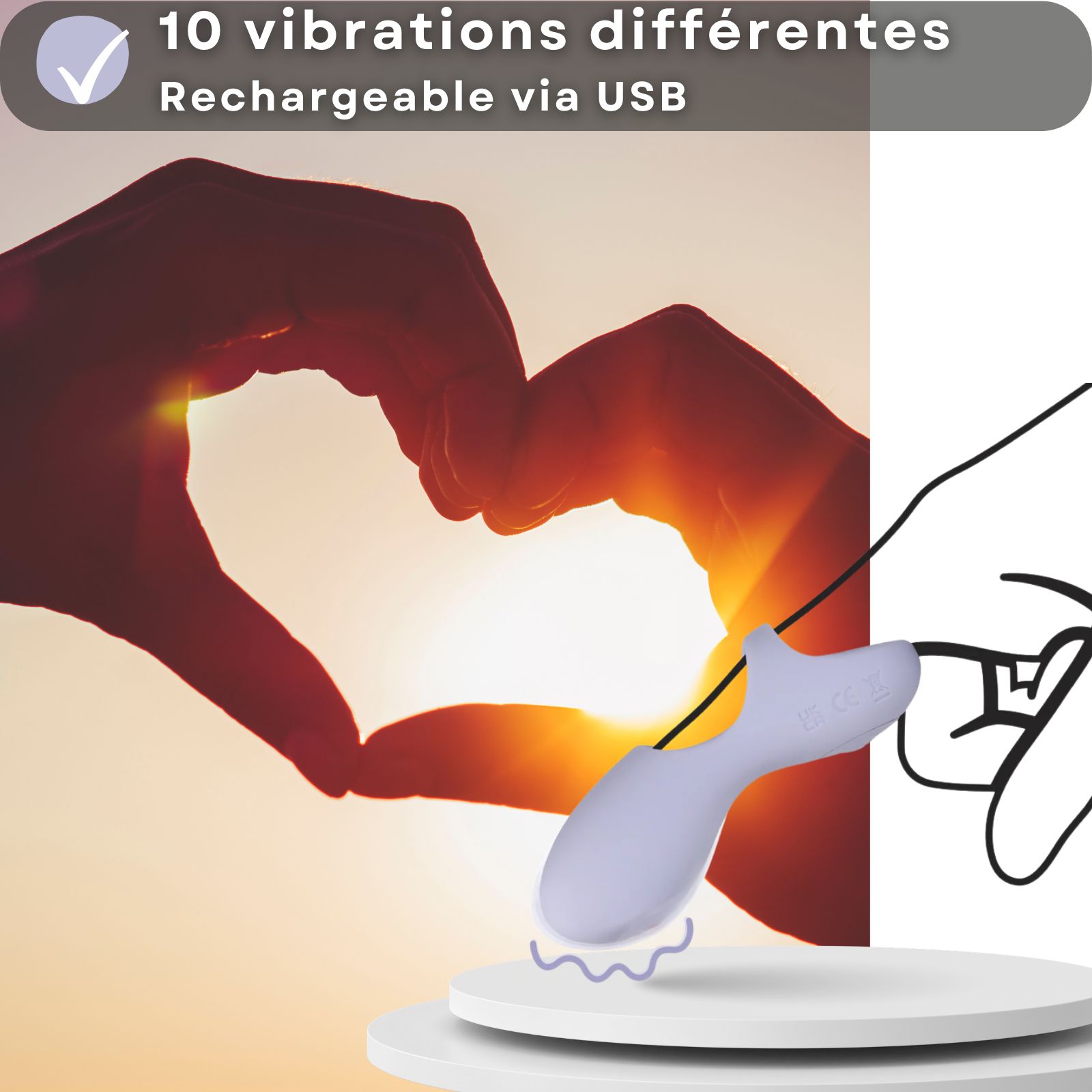 Vibrateur lilas. 10 vibrations, rechargeable USB. Silhouette de main.