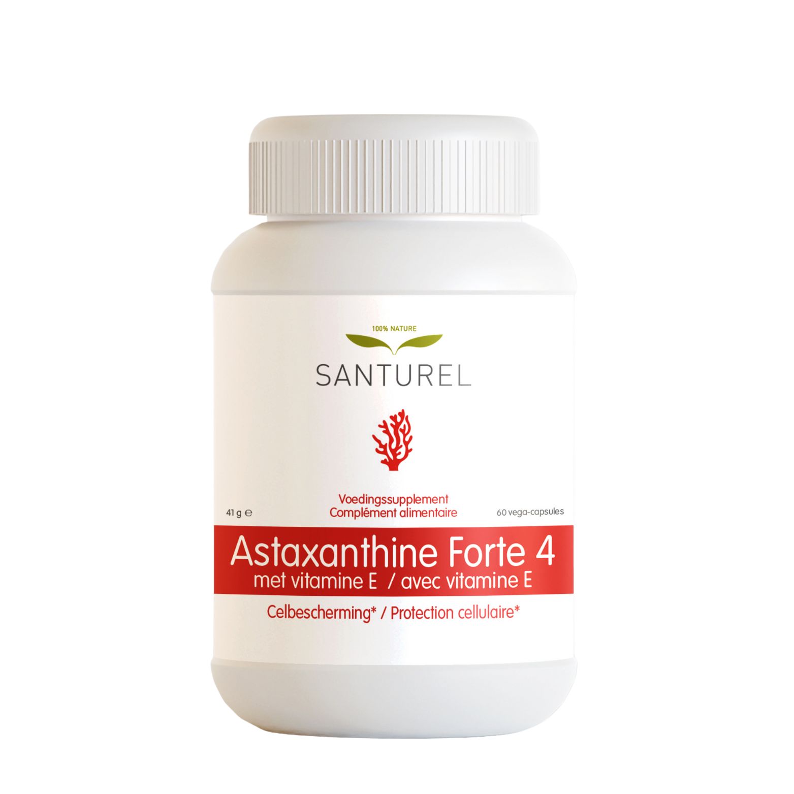 Flacon blanc de Santurel Astaxanthine Forte 4 mg. Inscription : 100% naturel.