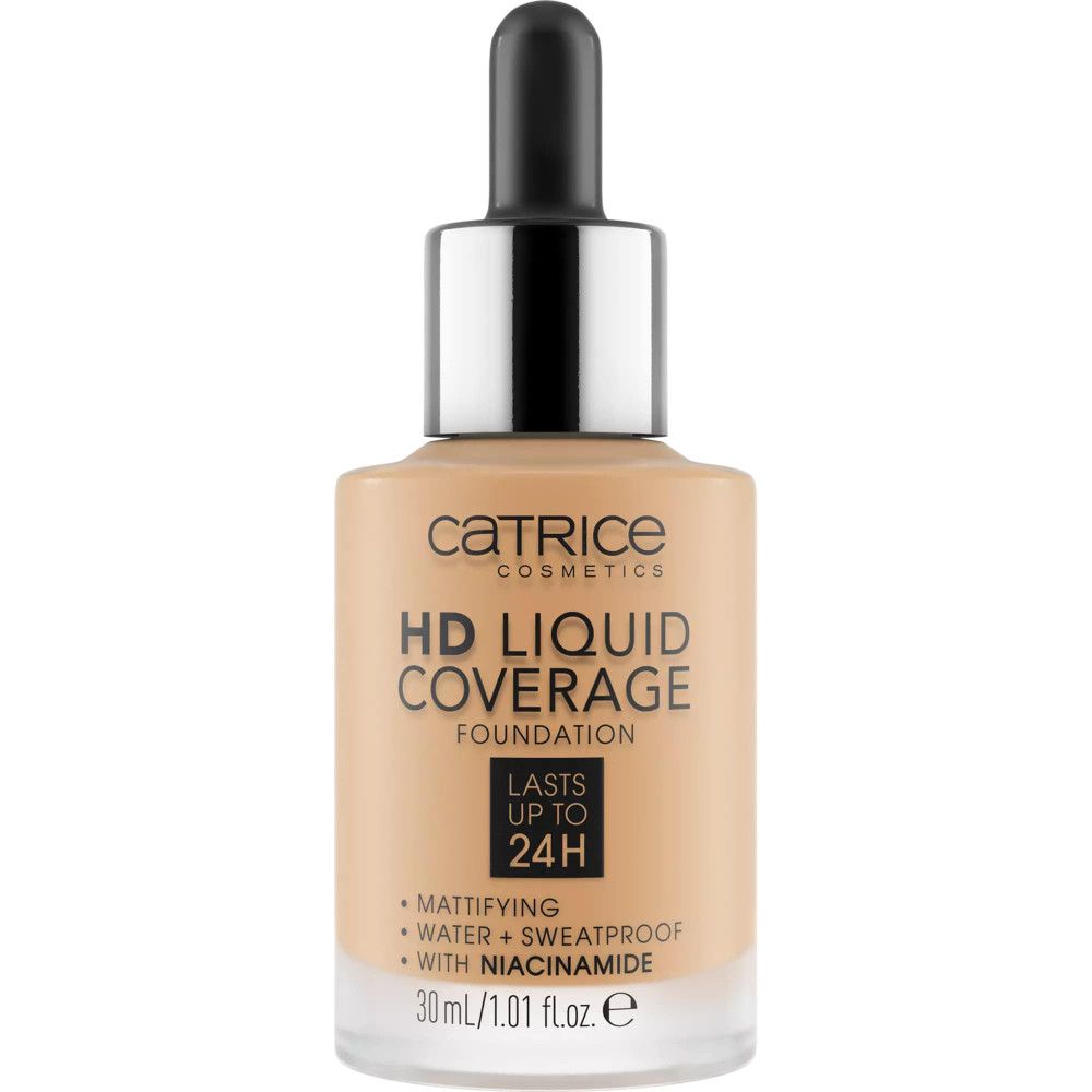 Foundationfles met pipet. Opschrift: Catrice, HD Liquid Coverage Foundation, matterend, water- en zweetbestendig, met niacinamide.