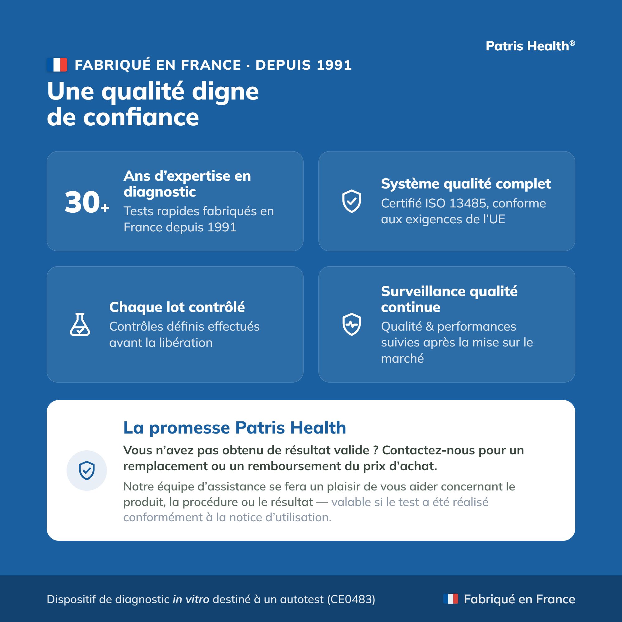 Page française sur la qualité et l'expertise du test rapide Strep A Patris Health.
