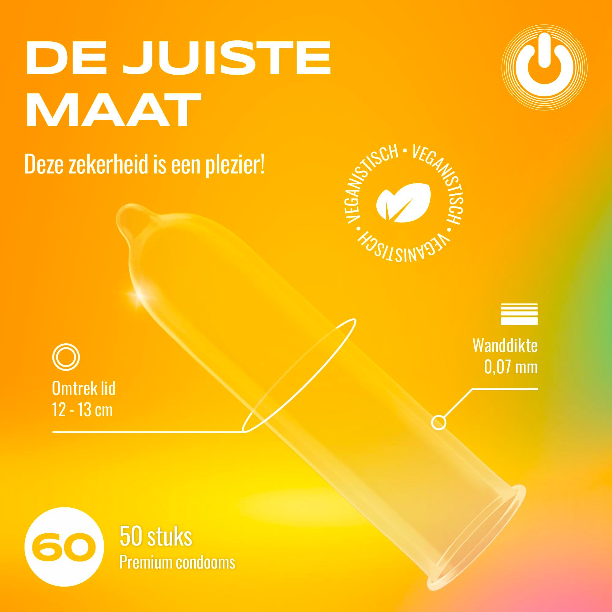 Verpakking ONsize 60mm, 50 premium condooms. Tekst: De beste maat voor plezier.
