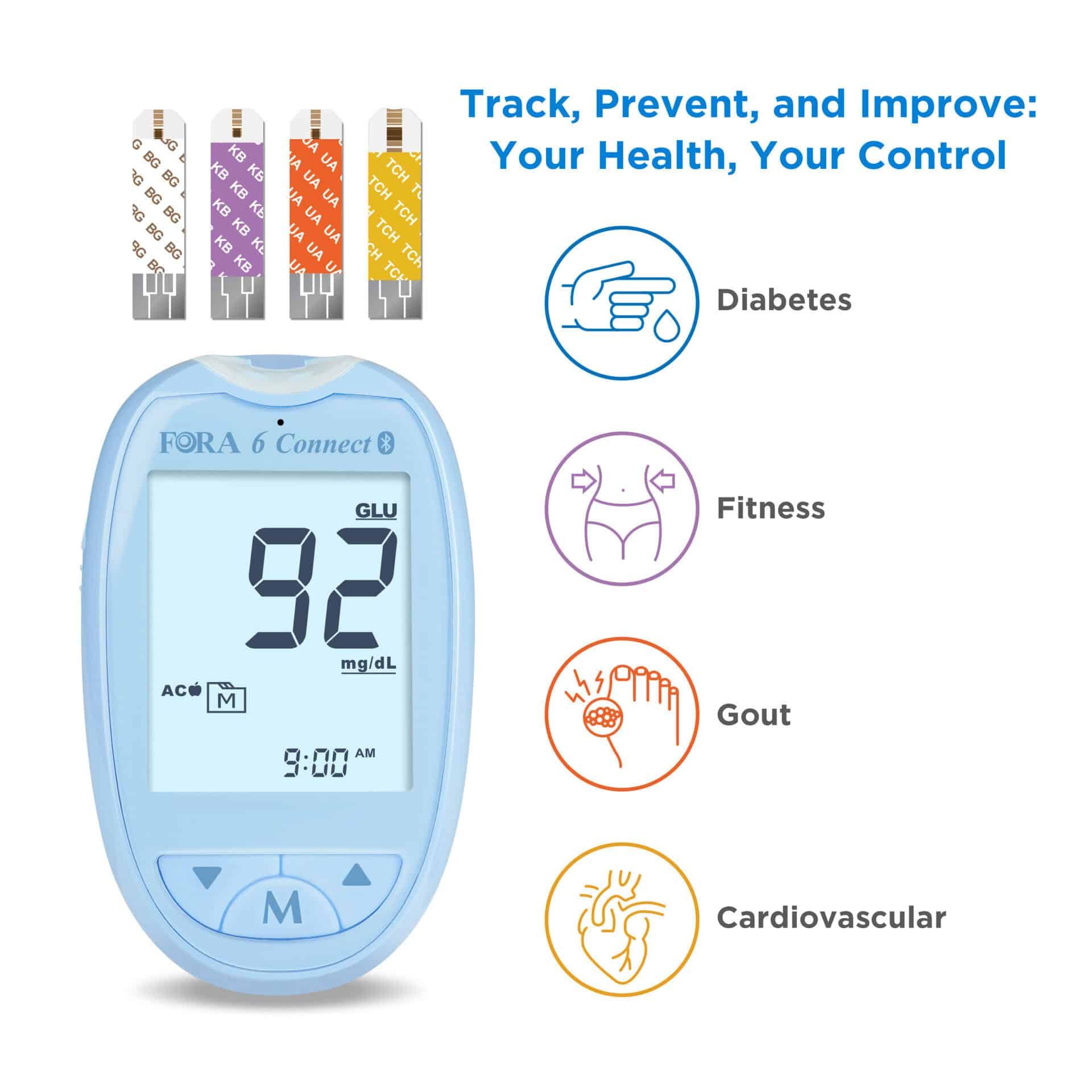 Blauwe FORA 6 Connect meter met display. Vier teststrips. Pictogrammen voor diabetes, fitness, jicht, cardiovasculair.