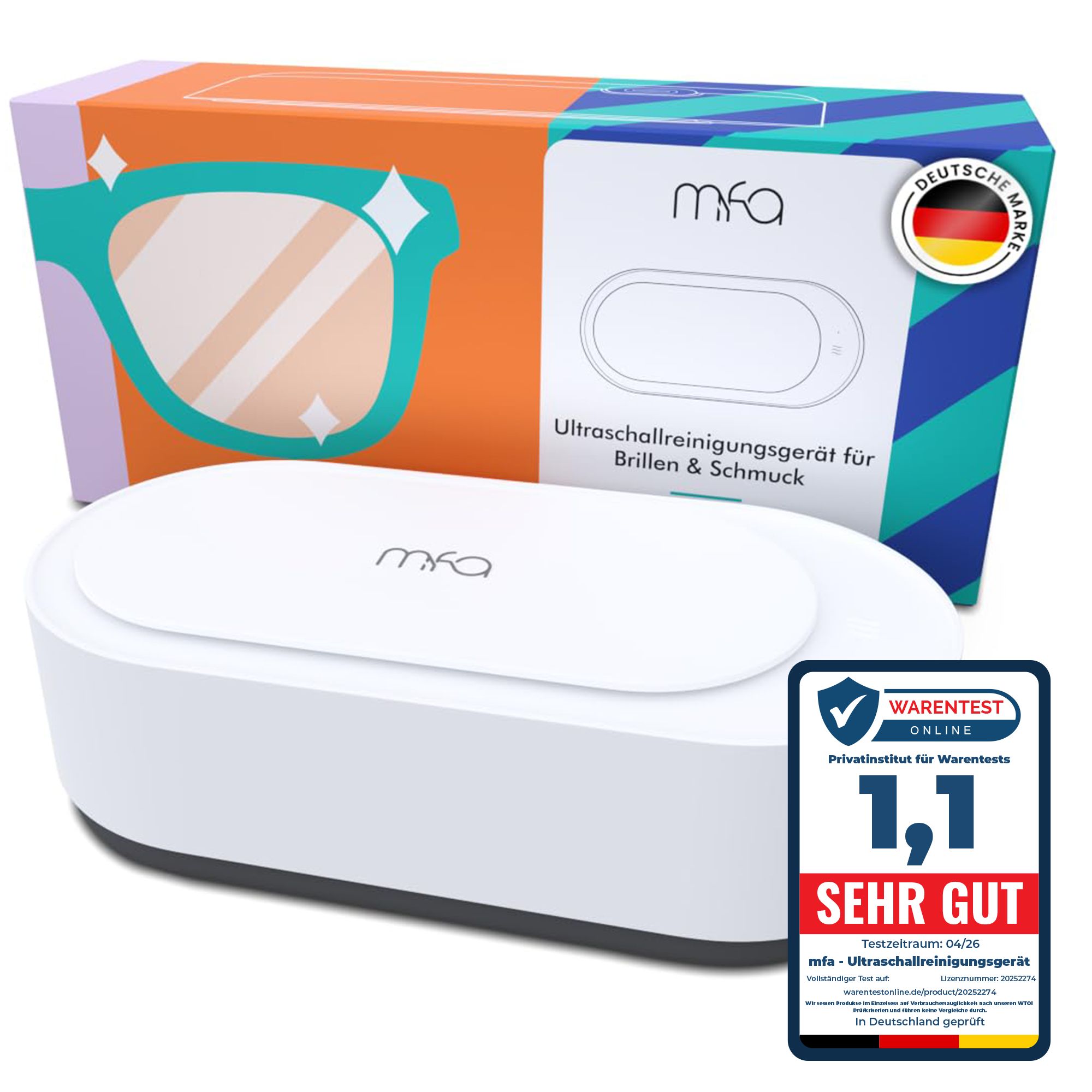 Ultrasone reiniger met verpakking. Wit apparaat, oranje-blauwe verpakking met bril-illustratie en mfa-logo. Zeer goed.