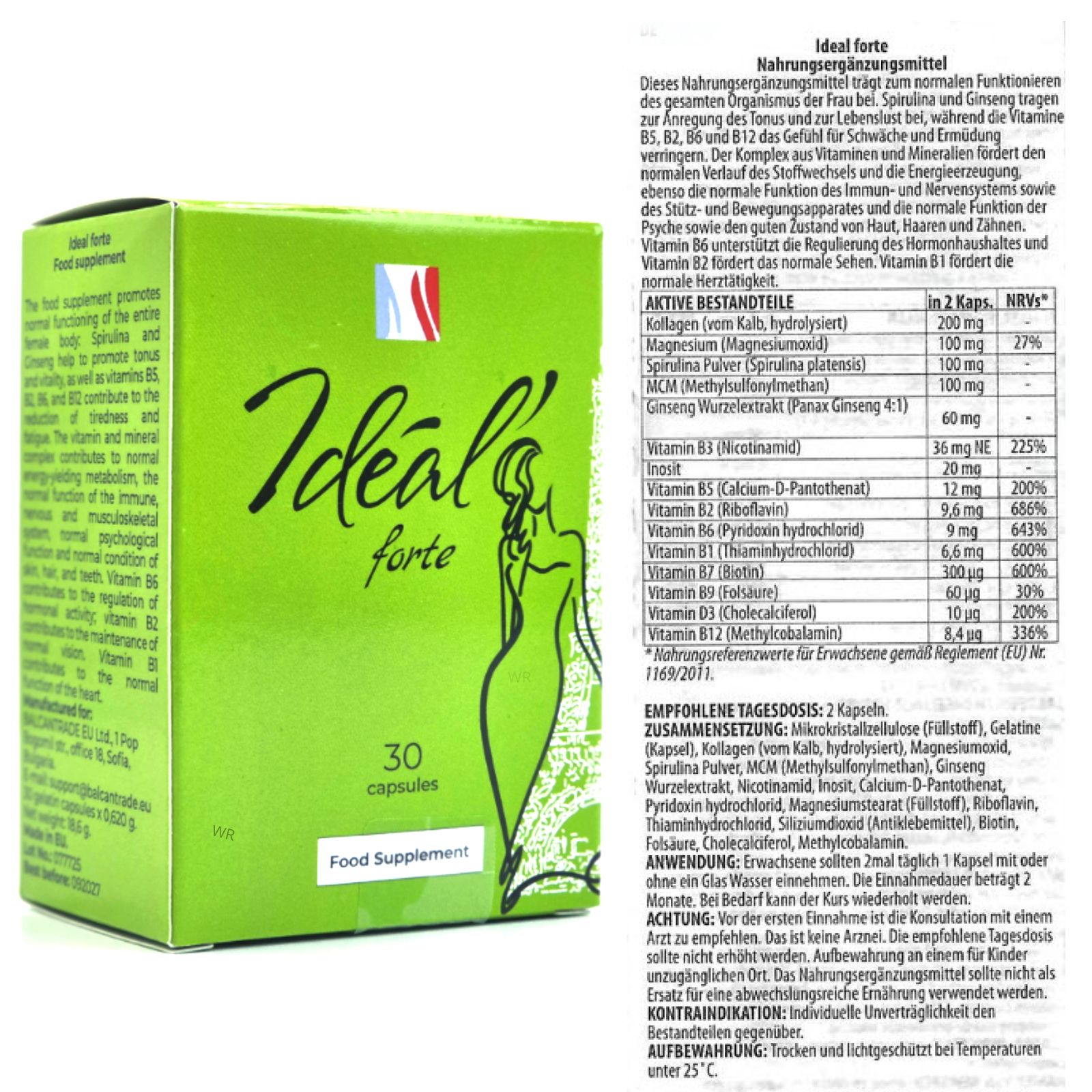 Emballage Ideal Forte avec informations nutritionnelles détaillées et ingrédients.