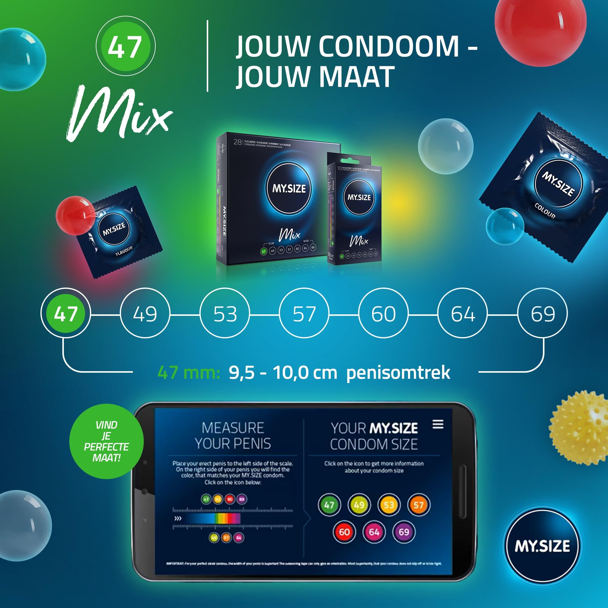 My.Size Classic 47mm Mix condooms: 10 stuks, 4x Classic, 2x Colour, 2x Ribbed, 2x Flavour.