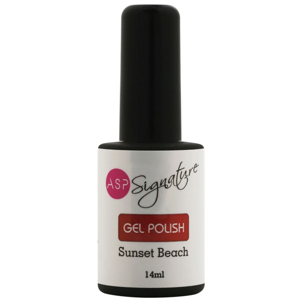 Flacon de vernis à ongles avec bouchon noir. Étiquette "ASP Signature Gel Polish" et "Sunset Beach".
