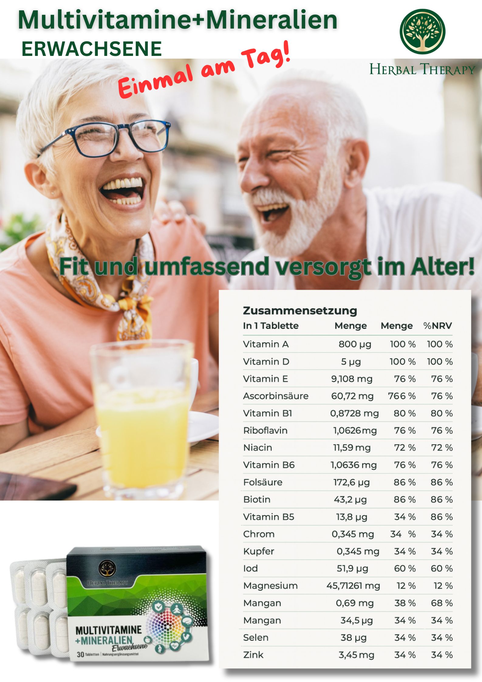 Reclamebeeld met ouder echtpaar en product. Tabel met vitamine- en mineralensamenstelling. Productverpakking linksonder.