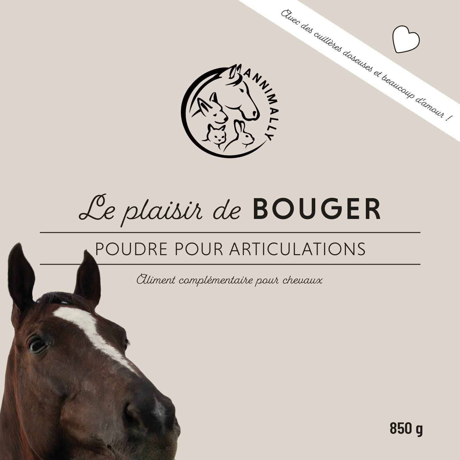 Emballage produit avec texte : Le plaisir de bouger. Poudre pour articulations. 850 g. Logo : Annimally.