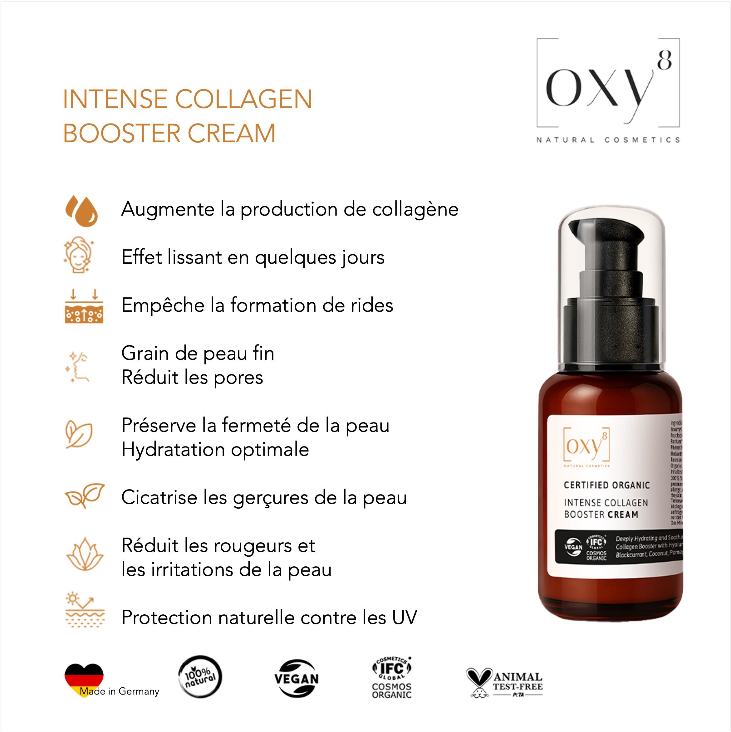 Flacon de produit avec texte: Intense Collagen Booster Cream. Logos: Vegan, IFC Cosmos Organic, Animal Test-Free.
