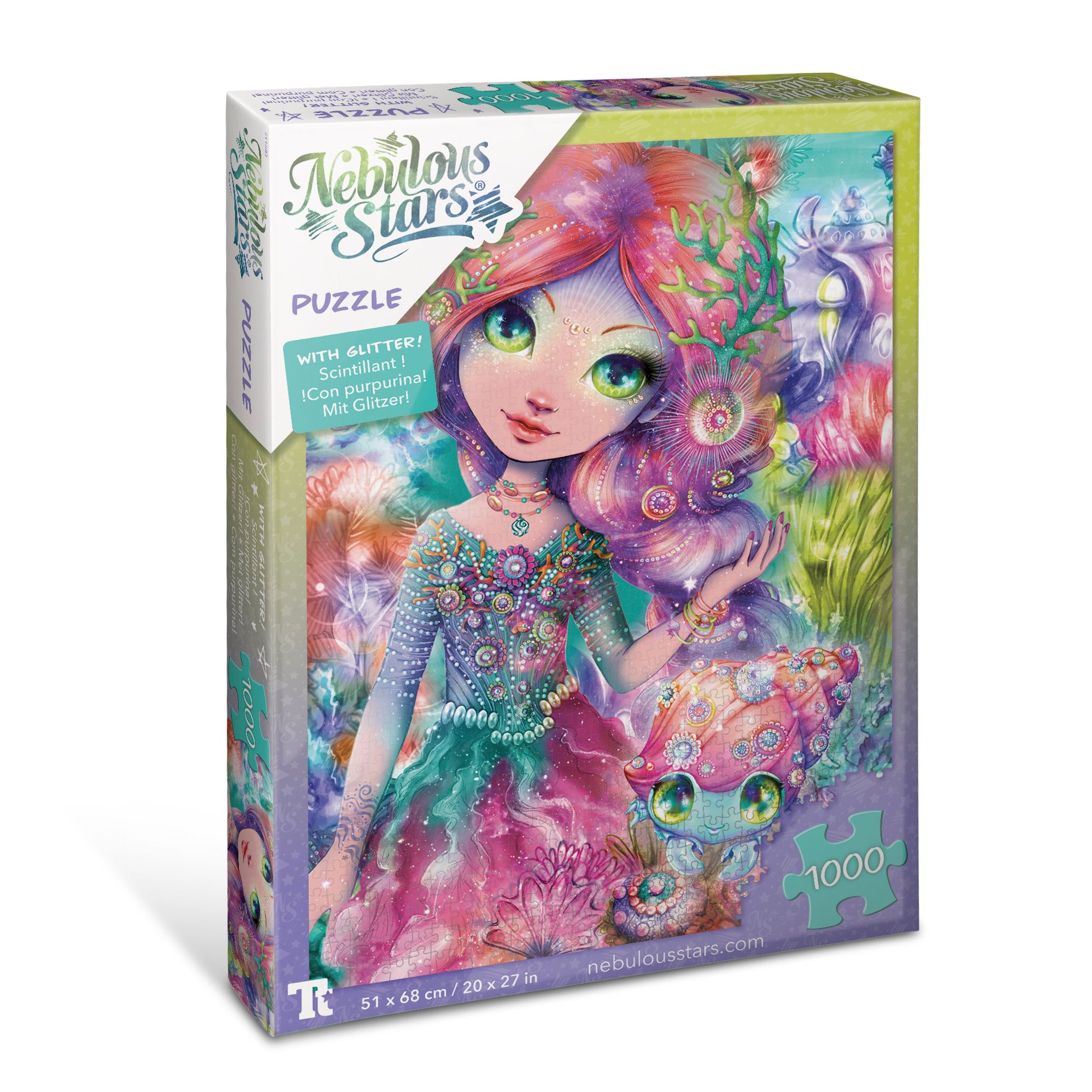 Boîte de puzzle avec illustration de sirène. Logo Nebulous Stars et texte 'Glitter Puzzle'. 1000 pièces.